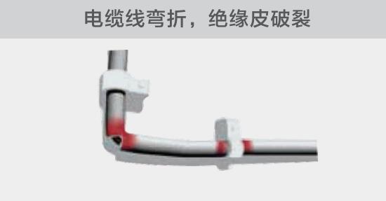 在安裝過(guò)程中，由于電線的彎曲半徑過(guò)小，或是線夾過(guò)緊，導(dǎo)致線纜絕緣皮破裂，產(chǎn)生電弧隱患